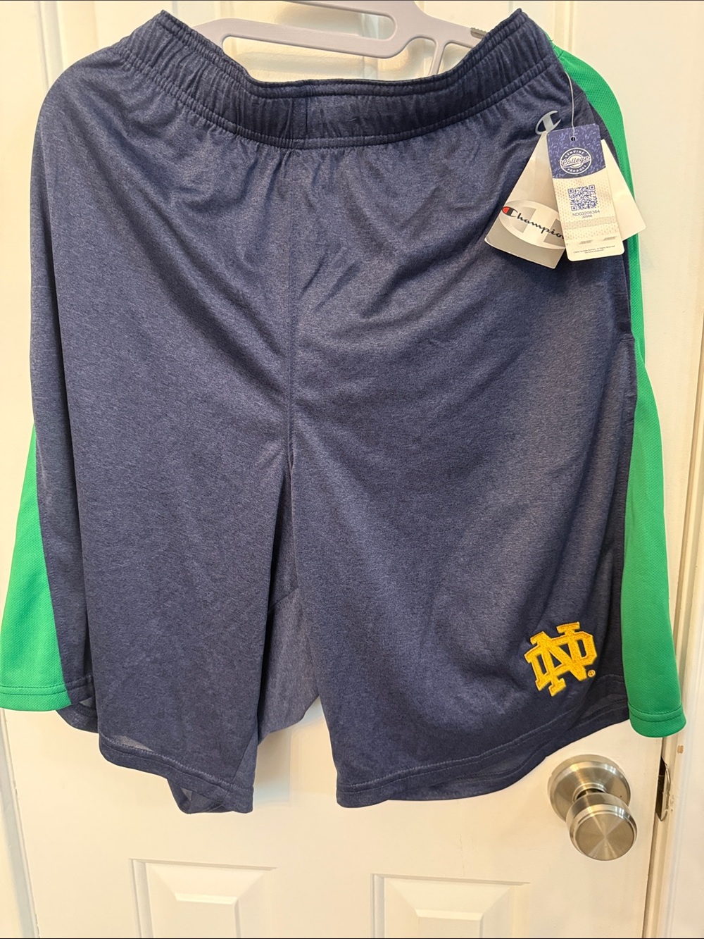 Champion Notre Dame Navy Athletic Shorts with Green Side Panels and Gold Logo